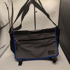 Gray and Black Messenger Bag with Blue Trim Fossil